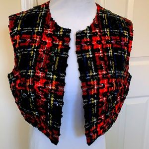Vintage LEE JORDAN New York Red Tweed Plaid Sequence Cropped Short Vest